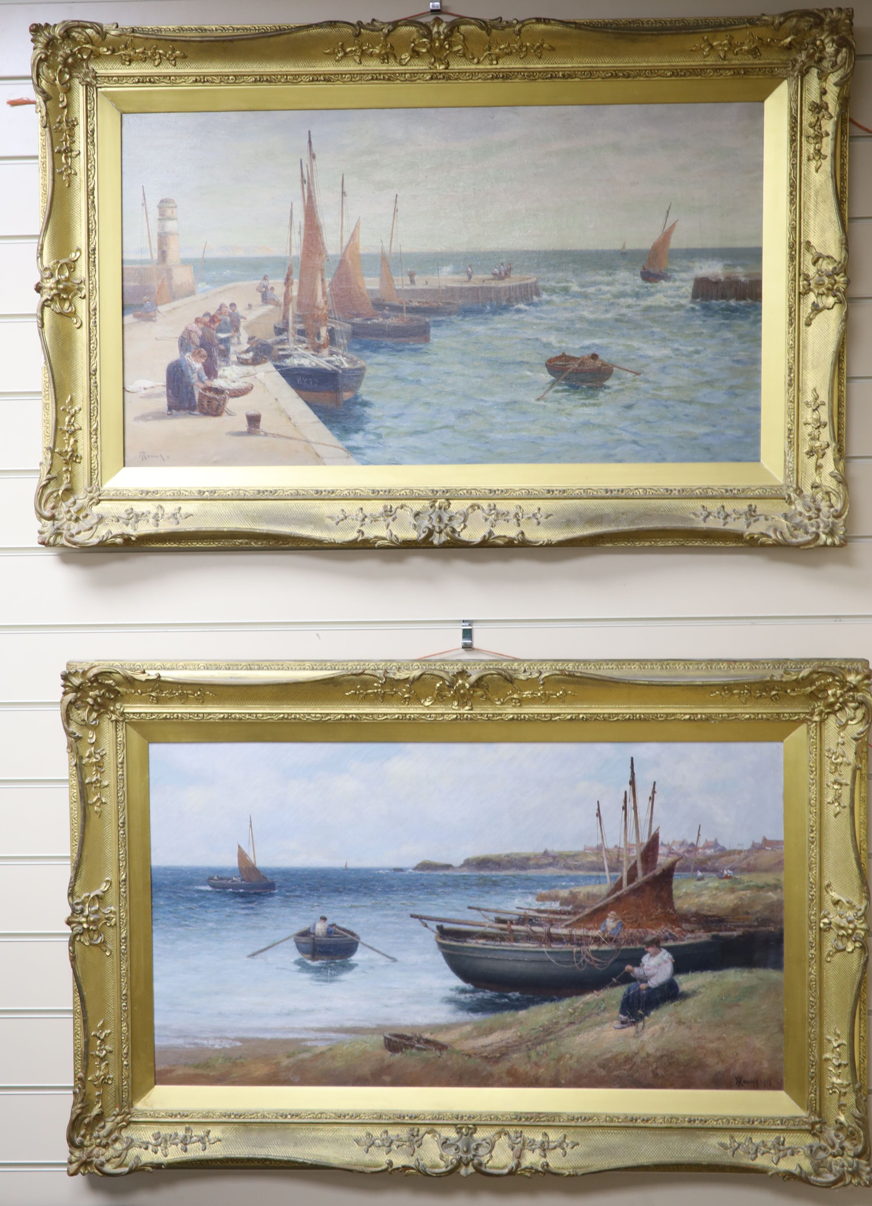 A. Young, pair of oils on canvas, Brittany harbour and beach scenes with figures and fishing boats, signed and dated 1915, 44 x 80cm